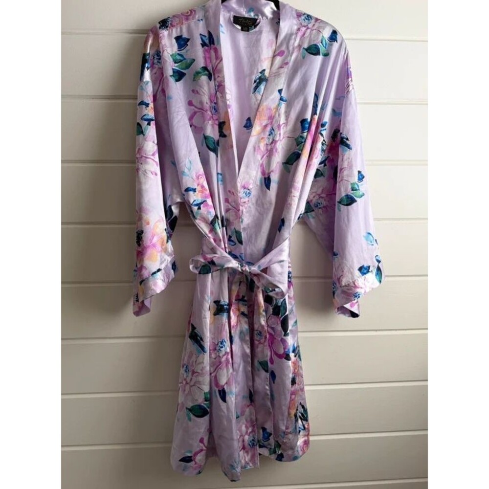 Thalia Sodi Intimates Satin Robe L/XL Purple Lavender Floral Watercolor Kimono